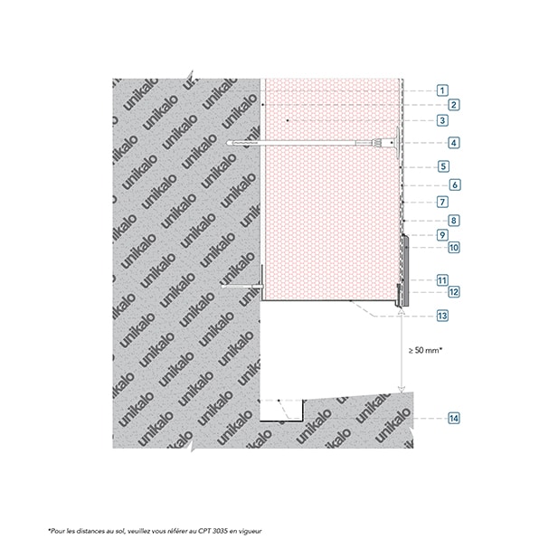 Coupe technique : Départ sur balcon, coursive, loggia, terrasse, trottoir - pente vers l'intérieur