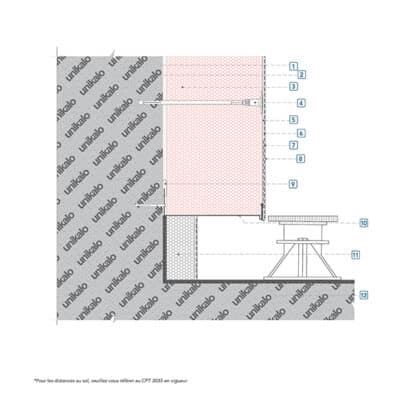 Coupe technique : Départ sur terrasse avec dalles sur plots avec caillebotis