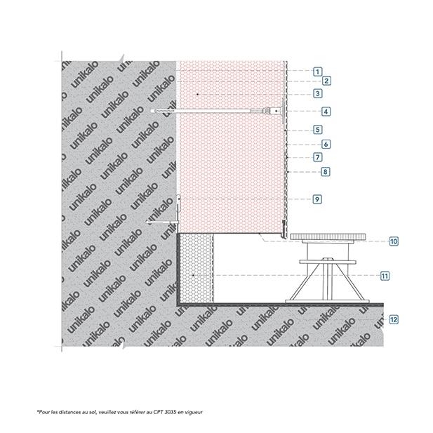 Coupe technique : Départ sur terrasse avec dalles sur plots avec caillebotis