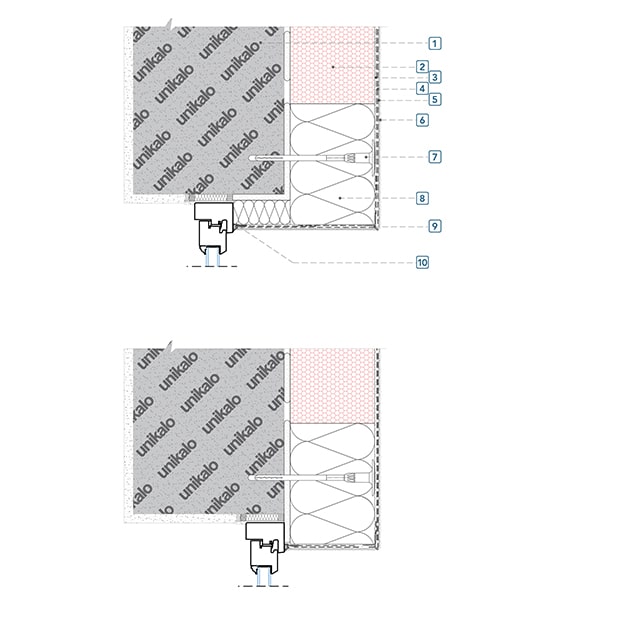 Coupe technique : Fixations des protections des baies par entourage des menuiseries